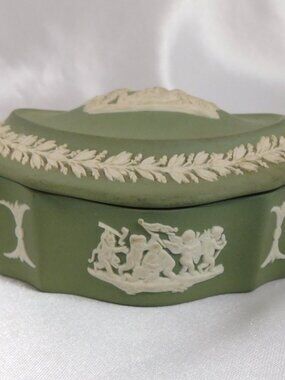 Wedgwood Japerware Celedon Oval Covered Trinket Box # 25437